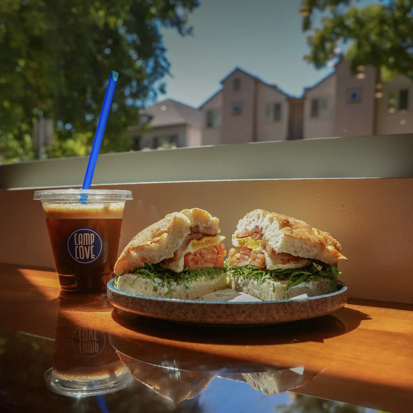 Fresh sandwich and iced coffee in the Camp Cove window